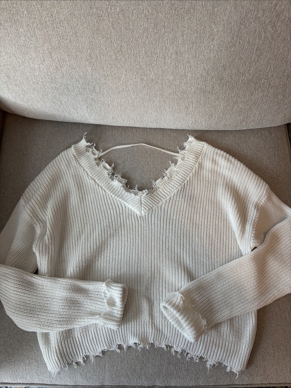 Forever21 Distressed V-Neck White Knit Sweater